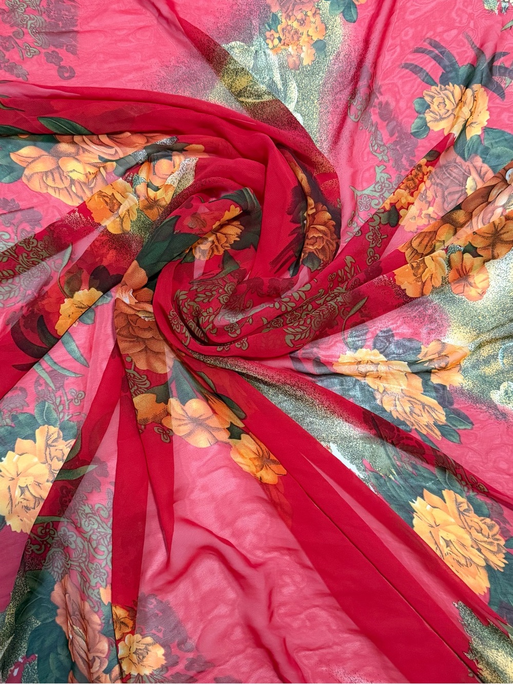 Red Lightweight Floral Mu Sheer Chiffon Fabric